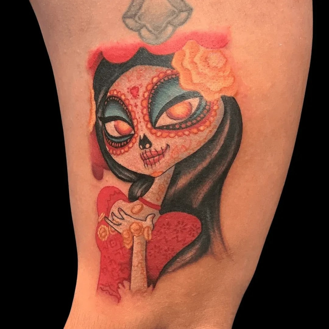 Stylized colorful Day of the Dead sugar skull girl with glowing eyes and a yellow flower in her hair.