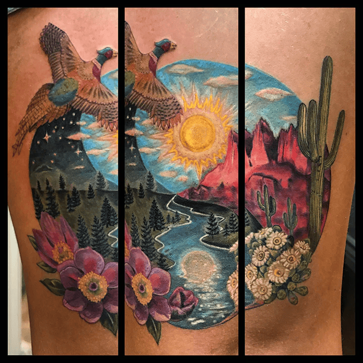 Colorful desert landscape tattoo featuring mountains, river, sun, cactus, flowers, and flying bird, blending Arizona scenery with vibrant illustrative style