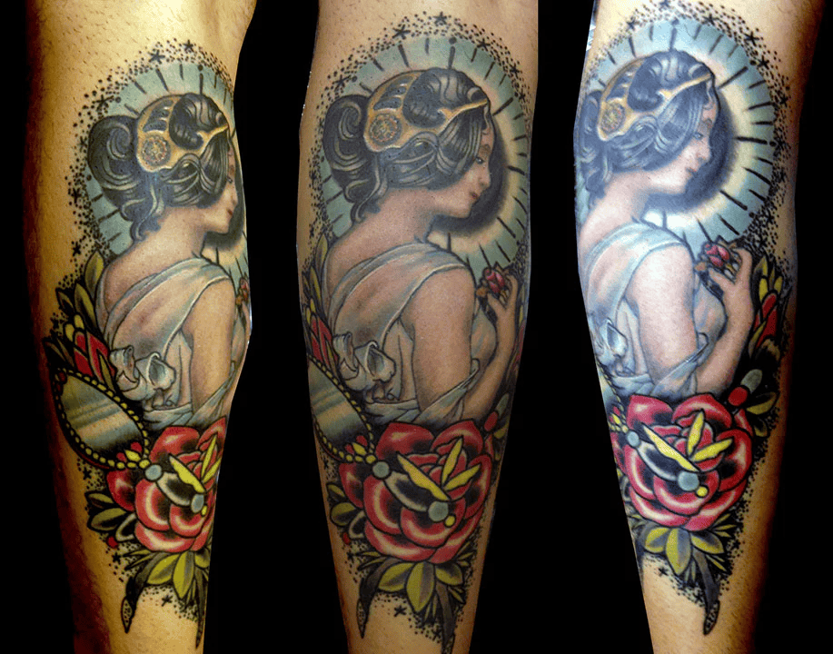 A Neo-Traditional tattoo of a woman in profile with stylized hair, soft shading, decorative halo rays, and bold roses at the bottom, shown from three angles.