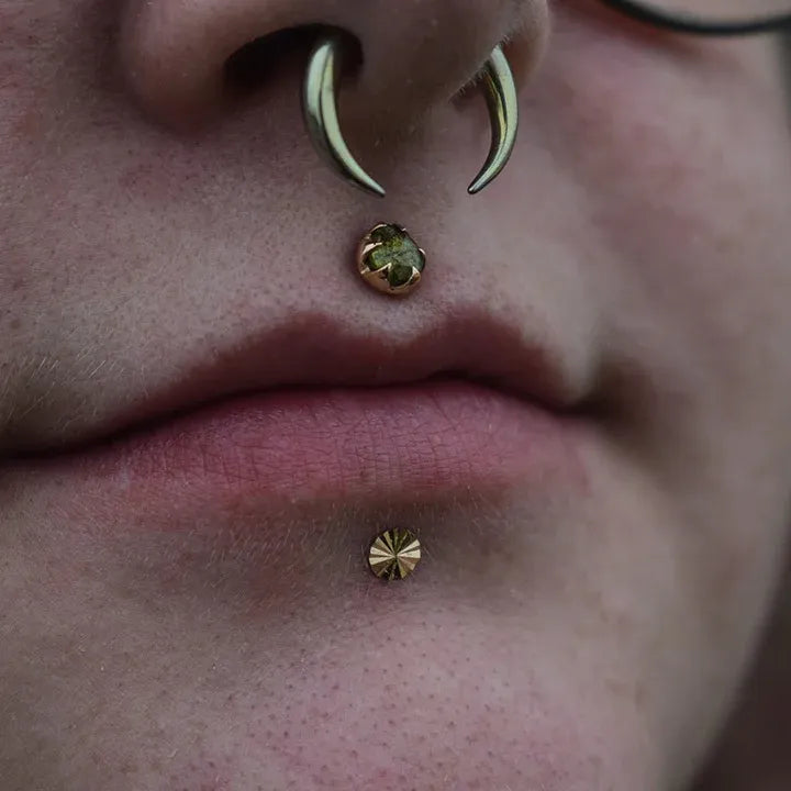 Close-up of facial piercings featuring a septum pincher, a green gem medusa stud, and a gold labret stud.