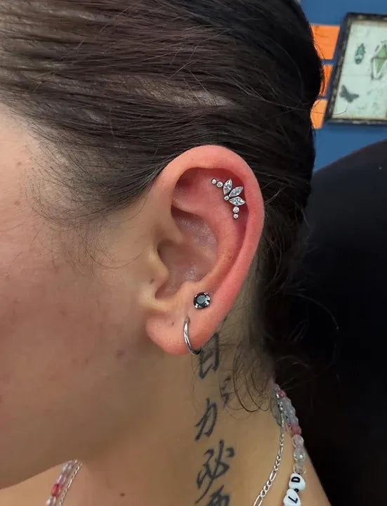 Ear piercings featuring a crystal leaf flat stud, a dark lobe stud, and a silver hoop.
